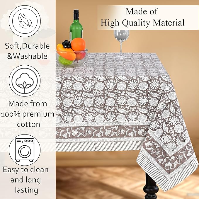 CPC Rustic Brown Tablecloth 100% Cotton 80x120 Inch Indian Block Print Rectangle Table Cover, Table Cloth for Gifting in Weddings, Halloween, Fall, Christmas, Thanksgiving