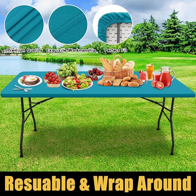 Smiry Rectangle Picnic Table Cloth, Waterproof Elastic Fitted Tablecloths for 8 Foot Tables, Washable Polyester Table Cover for Camping, Indoor and Outdoor (Teal, 36"x96")
