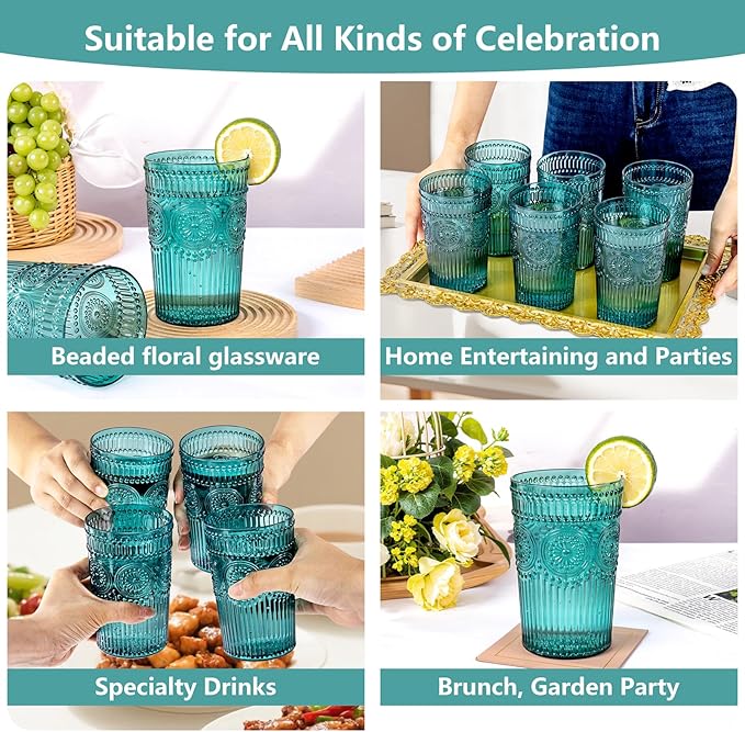 Ciaell 12 Pack Romantic Plastic Water Glasses - 14 Oz Green Vintage Drinking Glasses, Embossed Ribbed Plastic Cups, Textured Striped Set for Juice, Beverages, Beer, Cocktail