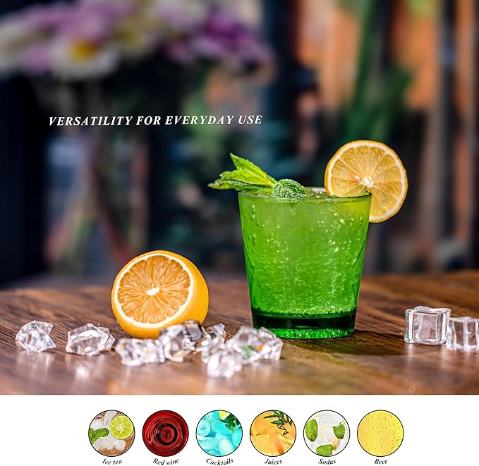 11oz Acrylic Glasses Drinkware (Set of 8), Diamond-pattern Shatter-Proof Plastic Tumblers, Reusable Plastic Stemless Wines Cups, Stackable, BPA-Free, Dishwasher-Safe (Muticolor)