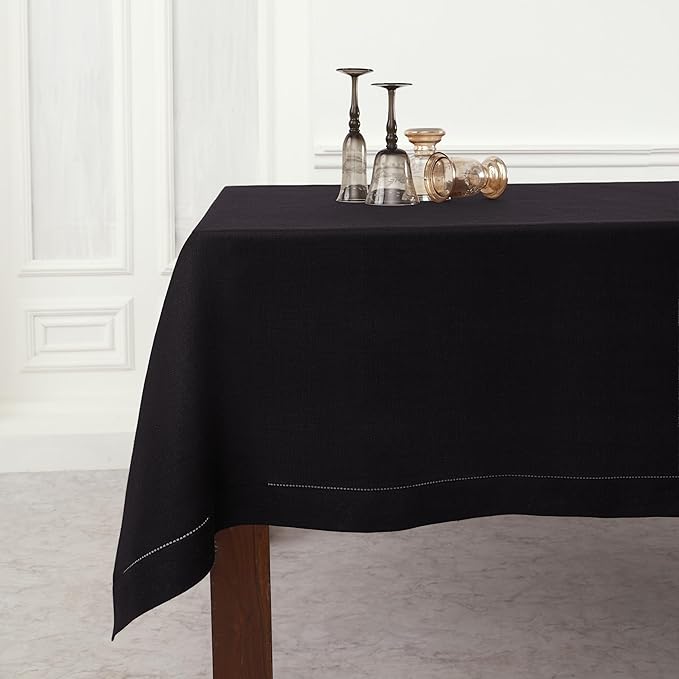 Solino Home Linen Tablecloth 60 x 120 Inch - Classic Hemstitch 100% Pure Linen Black Table Cloth for Rectangle Tables - Machine Washable Tablecloth for Winter, Spring, Easter