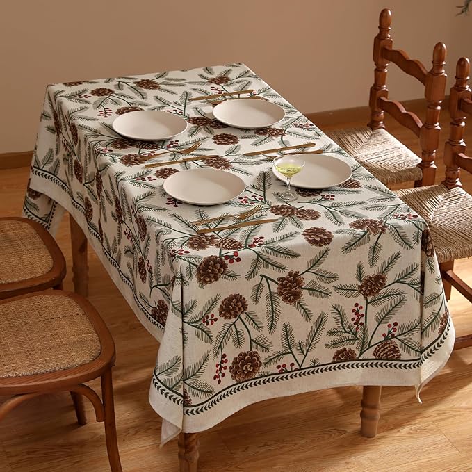 ISAENNE Designer Christmas Beige Linen Extra Long Tablecloth Rectangle,Pinecones Pattern Indoor Table Cloths,Washable Decor Tablecloths for Dining Thanksgiving Kitchen,67"*118"-Carol B