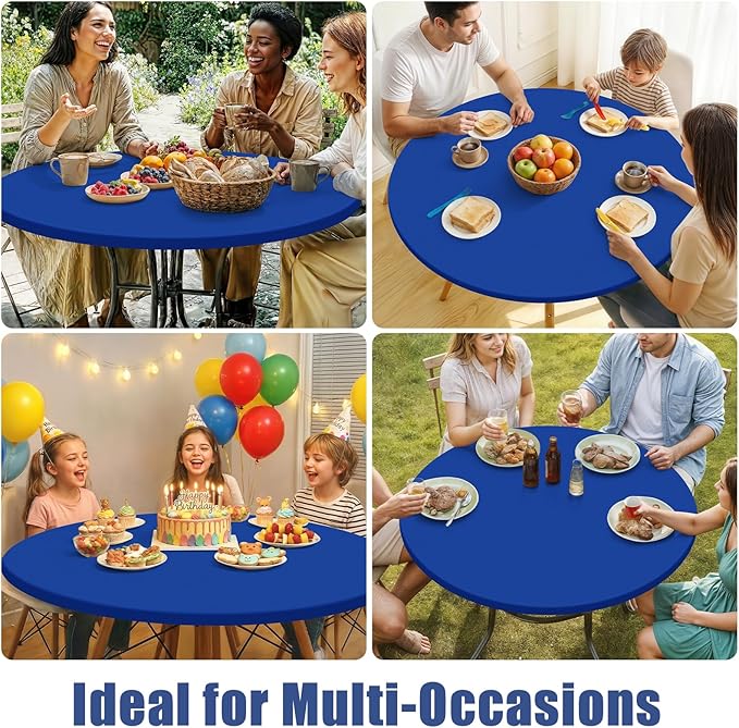 Round Spandex Tablecloth 2 Pack, Elastic Fitted Waterproof Tablecloths for 45"-56" Tables, Stretch Washable Picnic Table Cover for Camping, Dining, Indoor and Outdoor, Blue