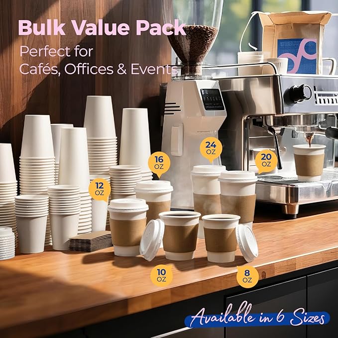 Fit Meal Prep 50 Pack 12 oz Disposable Coffee Cups with Lids, Sleeves, Leak-Proof To Go Coffee Cups with Lids, Durable Hot Paper Cups for Home, Office, Party, Business