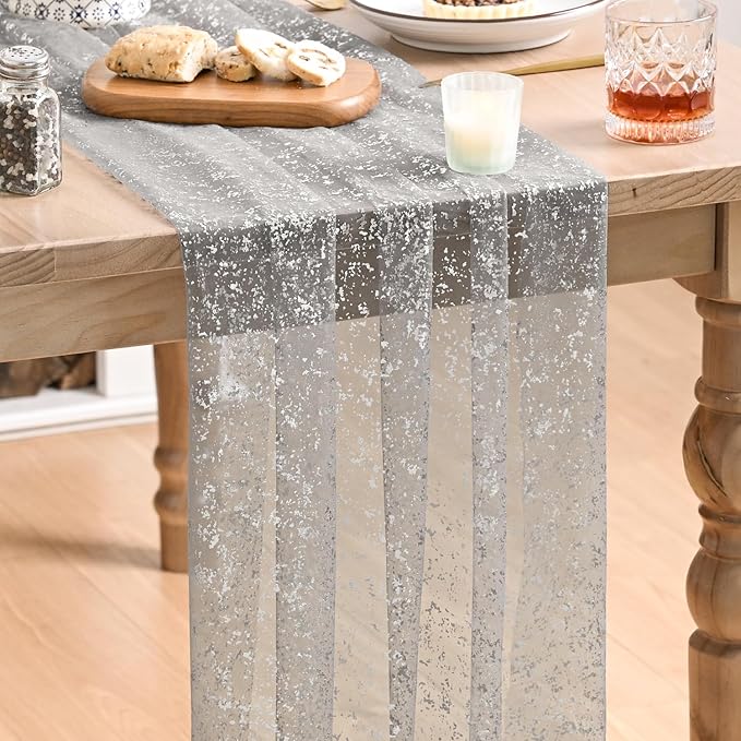 Artoid Mode Grey Gold Gauze Table Runner 120 Inch 10FT, Glitter Metallic Foil Sheer Dining Wedding Anniversary Holiday Birthday Table Decor for Home Party