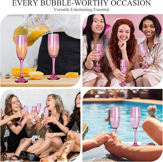 Champagne Flutes Glasses Set of 6-6oz Elegant Pink Glass, Unique Pink Colored Long Stem Champagne Flute Gift for Wedding, Anniversaries, Parties, Birthday, Restaurant, Home Bar