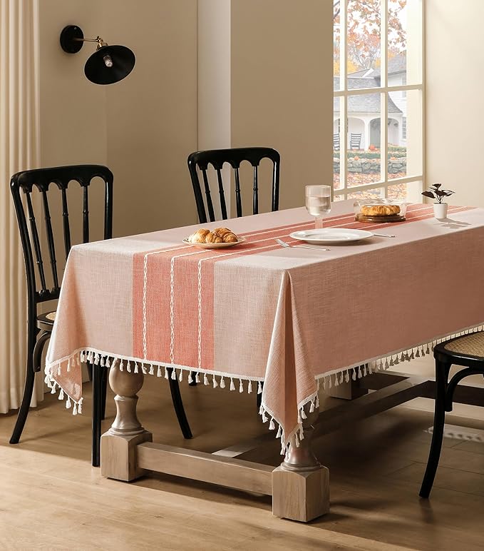 ZeeMart Contrast Linen Table Cloth Rectangle Table Cloths 54x108 Inch Orange, Farmhouse Style Heavy Weight Burnt Orange Fall Tablecloth, Water Resistant Burlap Tablecloths