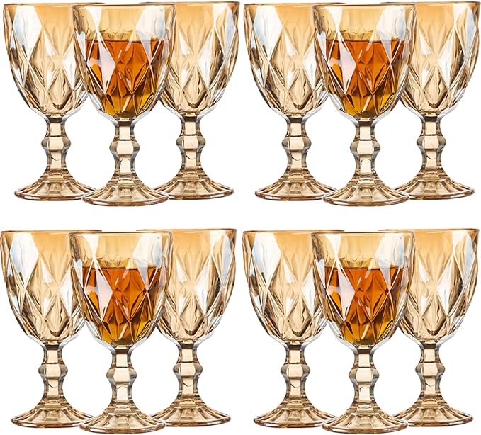 12 Pcs Vintage Wine Glasses, 10 Ounce Colored Glass Water Goblets, Unique Embossed Pattern High Clear Stemmed Glassware Wedding Party Bar Glass Drinking Cups Fancy Wine Glasses Amber Set of 12