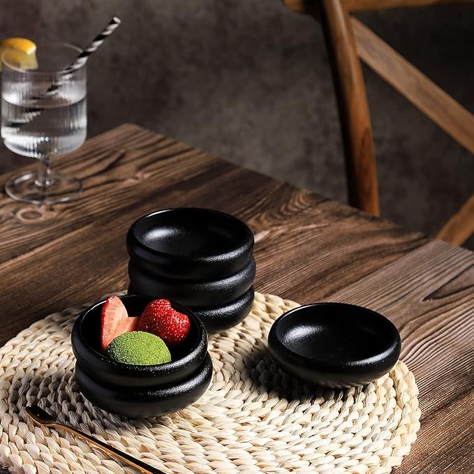 Uaral Soy Sauce Dishes Sushi Dipping Bowl Pinch Bowl Stoneware Black Small Serving Dish Set 3.75 Inch(4.5 oz,Texture Black)