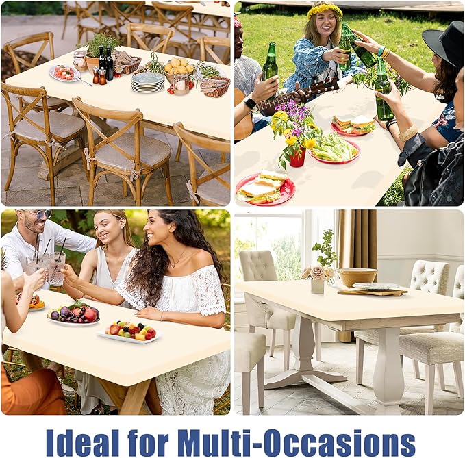 Spandex 6 Foot Rectangle Table Cloth 2 Pack, Elastic Fitted Tablecloths for Picnic, Stretch Washable Patio Table Cover for Outdoor, Camping, Banquet and Parties (Champagne, 30"x72")