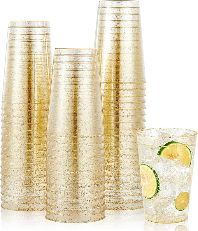 JOLLY CHEF 100 Pack 12 oz Gold Plastic Cups, Disposable Gold Cups, Heavy-duty Party Glasses for Wedding, Thanksgiving, Christmas Parties