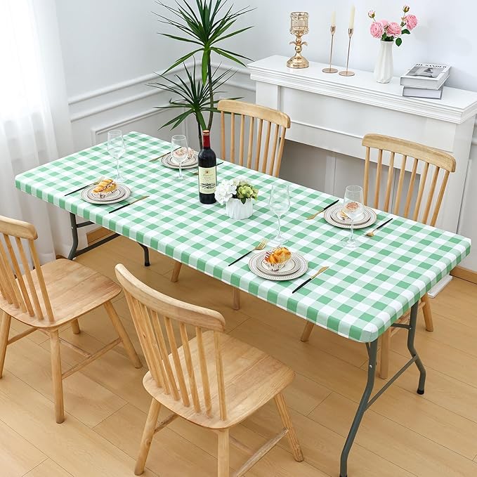 Smiry Rectangle Picnic Table Cloth, Elastic Waterproof Fitted Vinyl Tablecloths, Flannel Backed Buffalo Plaid Table Covers for Dining, Camping, Outdoor (Sage Green and White, 30" x 48")