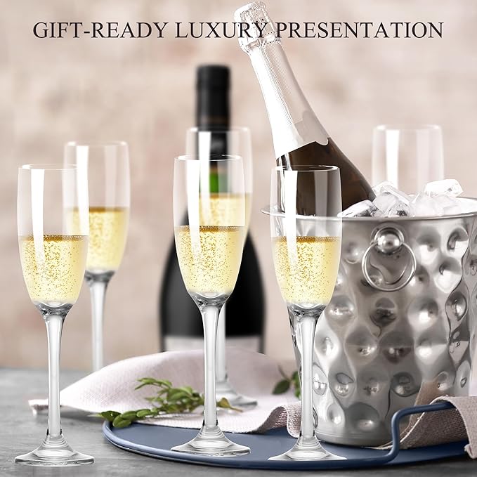 Champagne Flutes Glasses Set of 6-6oz Elegant Crystal Glass, Classic Long Stem Clear Champagne Flute Gift for Wedding, Anniversaries, Parties, Birthday, Restaurant, Home Bar