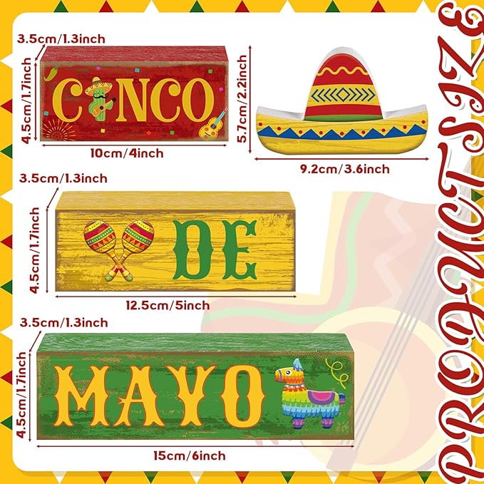 4 Pcs Cinco De Mayo Decorations Wooden Mexican Table Farmhouse Cinco De Mayo Tiered Tray Decor Fiesta Stacked Blocks Tabletop Decorative Book Mexican Centerpieces for Carnival Shelf Home