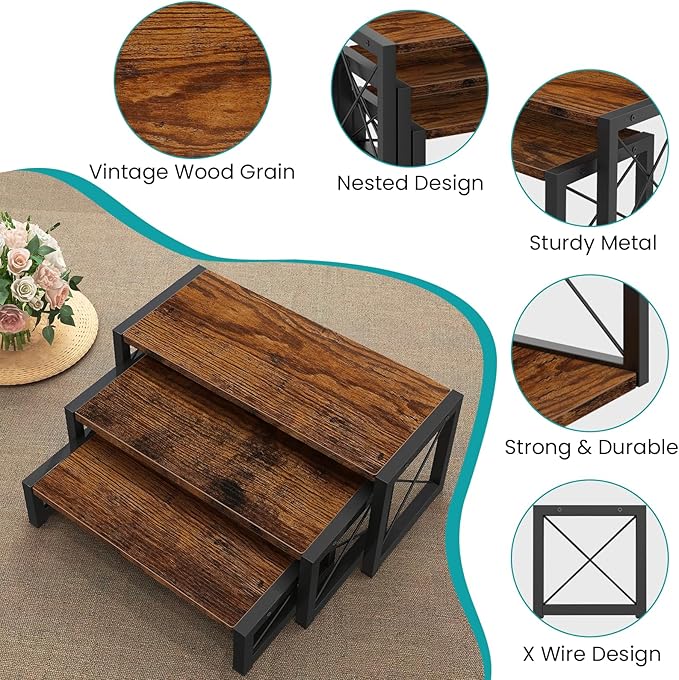 ELITEROO 3 Tier Cupcake Stand & Wood Display Risers, Dessert Stands for Cup Cake or Food, Riser Display Stand for Perfume Collectibles, Tiered Shelf Organizer for Market Retail Vendors, Rustic Brown
