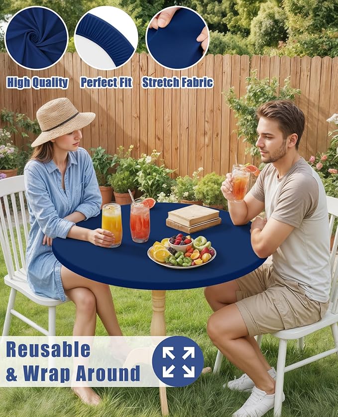 Round Spandex Tablecloth 2 Pack, Elastic Fitted Waterproof Tablecloths for 31"-35" Tables, Stretch Washable Picnic Table Cover for Camping, Dining, Indoor and Outdoor, Navy