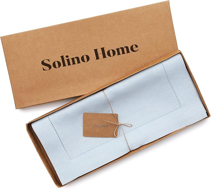 Solino Home Linen Light Blue Table Runner 36 Inches - Classic Hemstitch, 100% Pure Linen Coffee Table Runner 14 x 36 Inch Ideal for Dresser Tables, Spring, Easter