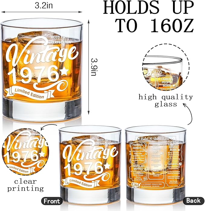 Old Fashioned Glasses-1976-Vintage 1976 old time information 10.25oz Whiskey Rocks Glass -50th Birthday Aged to Perfection - 50 years old gifts Bourbon Scotch Lowball Old Fashioned-1PACK