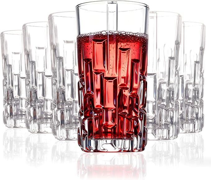 Tall Highball Glasses Set Of 6 - Elegant Tom Collins Glasses - Textured Designer Glassware Set For Whiskey,Drinks, Water, Beer, Soda 10 Oz