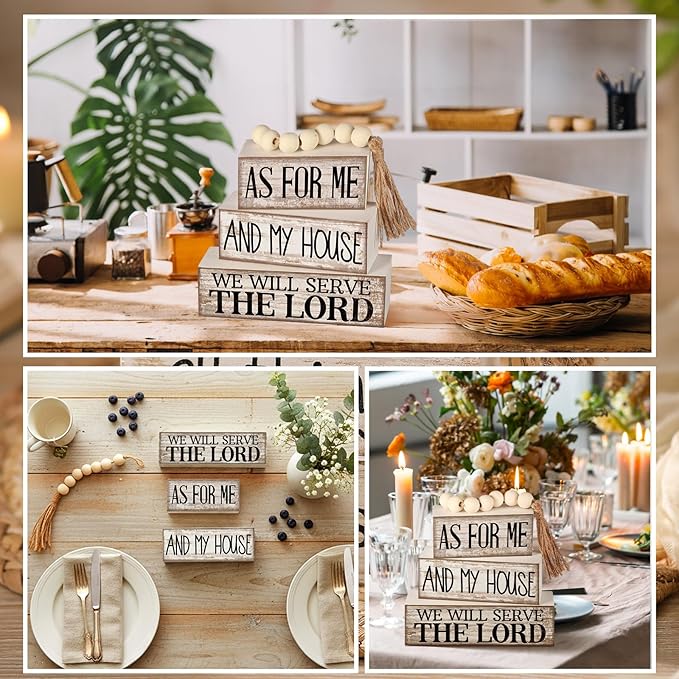 4 Pcs Farmhouse Bible Verse Decor Farmhouse Tiered Tray Decor Rustic Retro Wood Bead Garlands for Me and My House We Will Serve the Lord Block Christian Jesus Sign for Home Shelf Mantel