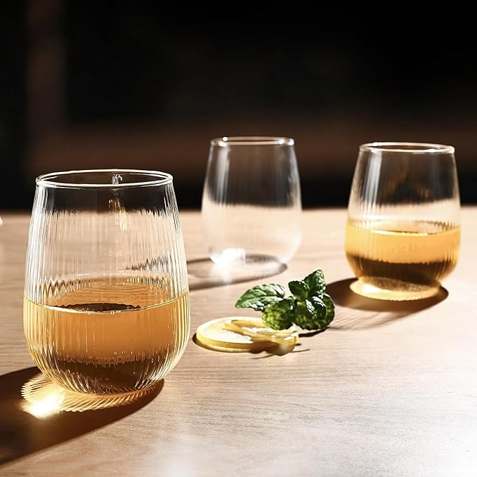 Stemless Wine Glasses Set of 12, 17Oz Red/White Wine Glasses with No Stem, Strip Textured Glassware Set, Dishwasher Safe, Ideal for Daily Use, Home Bar, Birthdays, Housewarming Gift