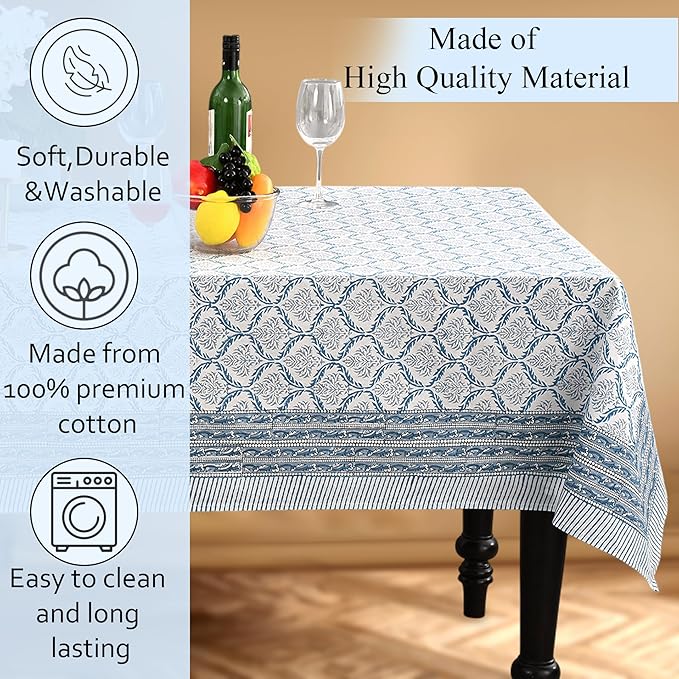 CPC Indigo Regal Tablecloth 100% Cotton 72x160 Inch Indian Block Print Rectangle Table Cover, Table Cloth for Gifting in Weddings, Halloween, Fall, Christmas, Thanksgiving