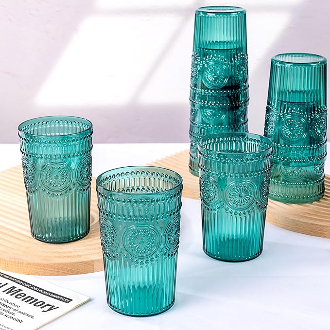 Ciaell 12 Pack Romantic Plastic Water Glasses - 14 Oz Green Vintage Drinking Glasses, Embossed Ribbed Plastic Cups, Textured Striped Set for Juice, Beverages, Beer, Cocktail