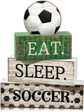 4 Pcs Soccer Wooden Tabletop Decor Soccer Tiered Tray Decor Rustic Wood Block Sign Gift Centerpiece Farmhouse Table Sign for Home Boys Room Office Shelf Birthday Party