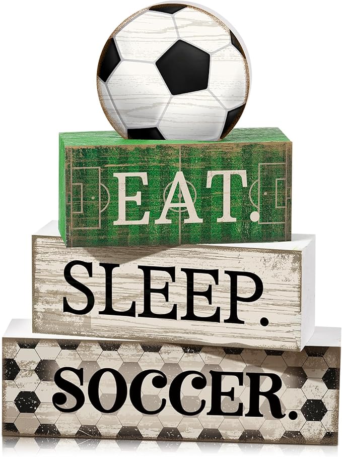4 Pcs Soccer Wooden Tabletop Decor Soccer Tiered Tray Decor Rustic Wood Block Sign Gift Centerpiece Farmhouse Table Sign for Home Boys Room Office Shelf Birthday Party