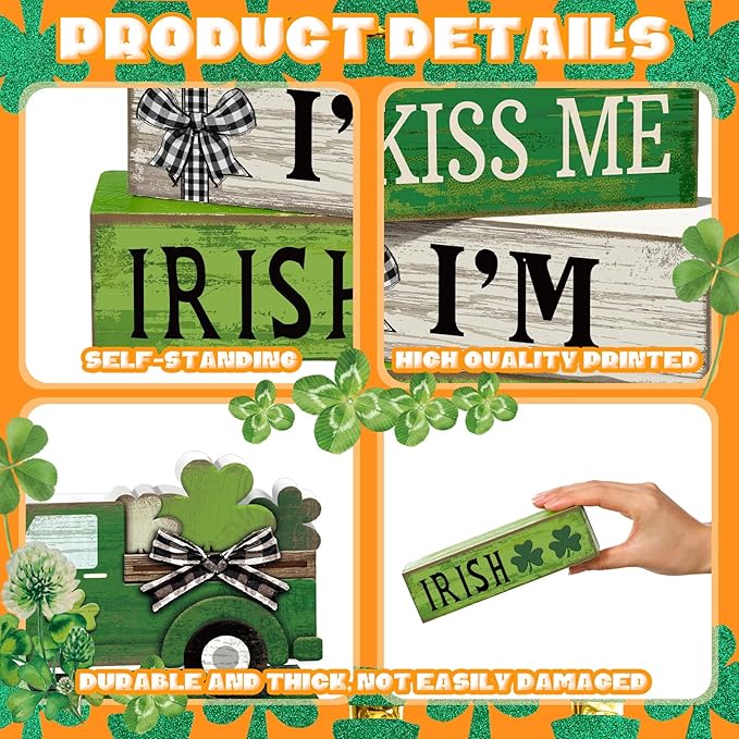 4 Pcs St Patricks Day Decorations Lucky Shamrock Wooden Sign Truck Table Centerpiece St Patricks Day Tiered Tray Decor Decorative Faux Book Stack Block for Fireplace Mantel Floating Shelf