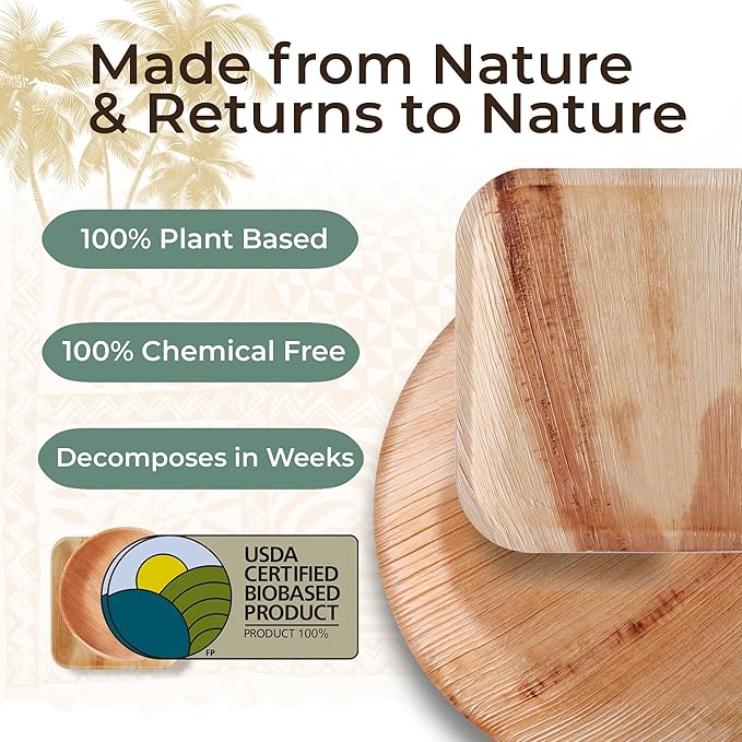 Indie Palm Disposable Palm Leaf Plates – 50 Pack 10 Inch Square – Heavy Duty, 100% Compostable & Biodegradable – Eco-Friendly Alternative to Plastic & Bamboo – Perfect for Parties & Events