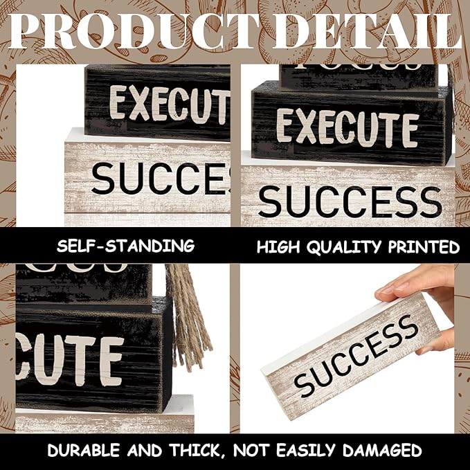 4 Pcs Motivational Wooden Tabletop Decor Inspirational Tiered Tray Decor Rustic Retro Wood Bead Garland Focus Execute Success Block Sign Gift Farmhouse Centerpiece for Home Shelf Mantle