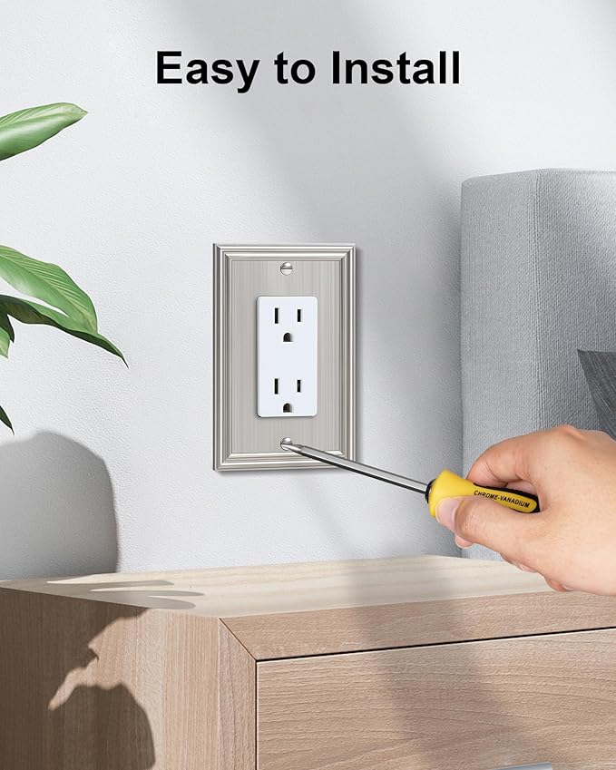 4-Pack Decorator Outlet Cover Plate, Brushed Nickel Decorative Switch Plates and Outlet Covers, Durable Zinc Alloy Wall Plates for Electrical Outlets, Receptacle, GFCI Outlet, Dimmer Switch