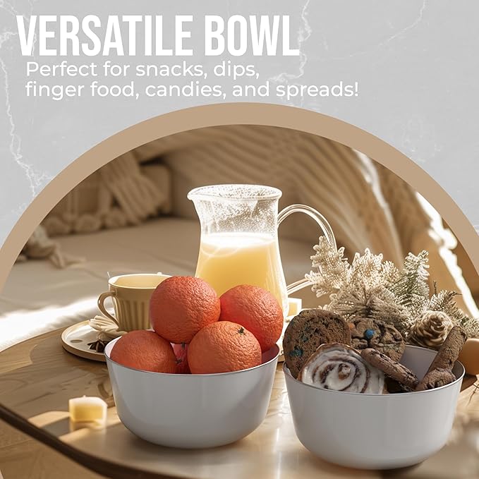 Trendables Plastic Bowls Disposable Bowls 24 Oz Bowl Set Of 20 White Silver Rimmed Fancy Plastic Serving Dishes Perfect for Parties and Events Disposable Candy Bowl