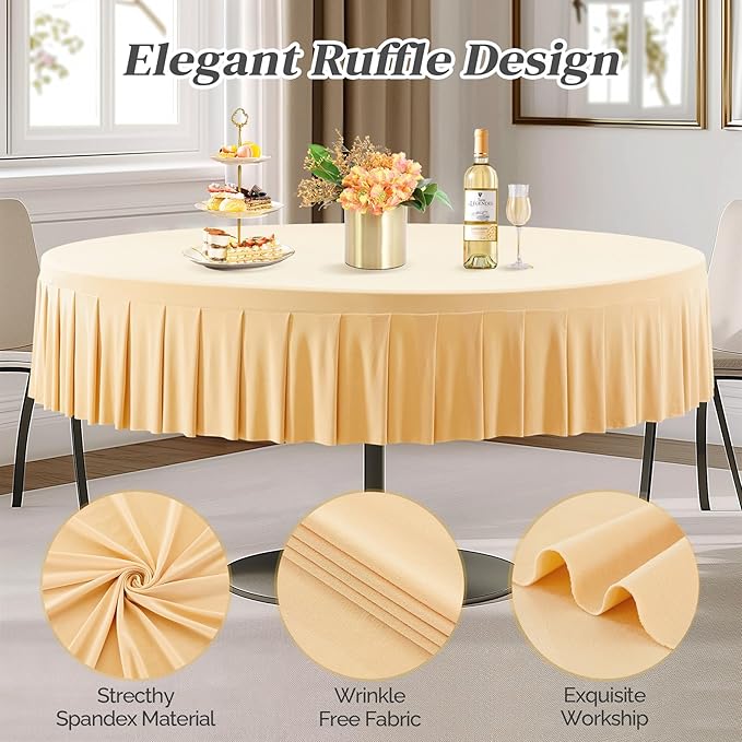 1 Pack Champagne Spandex Round Tablecloths for 72in Table, Stretchy Fitted 6FT Round Table Cloths, Wrinkle Free Table Cover with Skirt for Wedding Birthday Party Bridal Shower Banquet