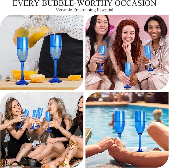 Champagne Flutes Glasses Set of 6-6oz Elegant Blue Glass, Unique Blue Colored Long Stem Champagne Flute Gift for Wedding, Anniversaries, Parties, Birthday, Restaurant, Home Bar