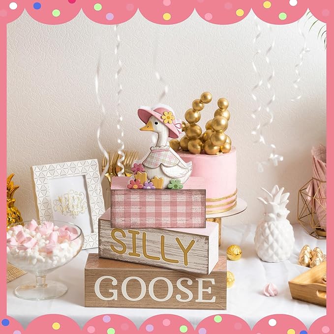 4 Pcs One Silly Goose Birthday Party Decoration Wood Silly Goose Table Sign Pink Baby Shower Tiered Tray Decor Tabletop Centerpieces for First Birthday Baby Shower Home Shelf Office