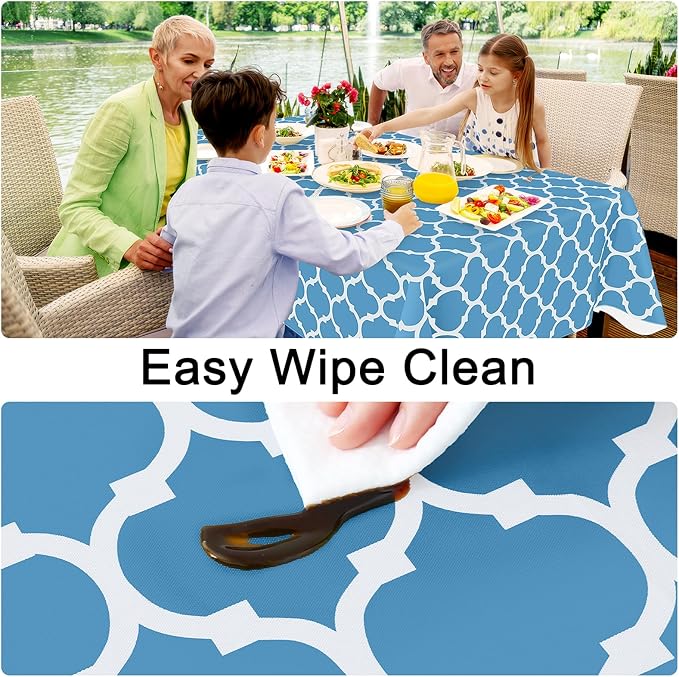 Smiry Round Plastic Table Cloth, Waterproof Vinyl Tablecloth with Flannel Backing for Round Tables, Wipeable Spillproof Tablecloths for Dining, Camping, Indoor and Outdoor (60" Round, Light Blue)
