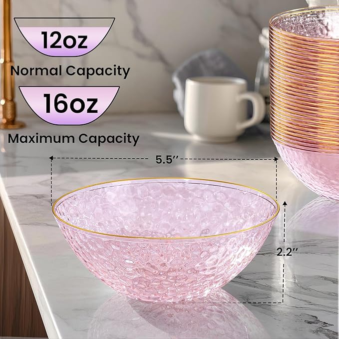 Rubtlamp 30 Pack Clear Pink Disposable Bowls, Clear Plastic Bowls with Gold Rim, 12-16oz Premium Heavy Duty Plastic Dinner Bowls for Party, Wedding and Holiday