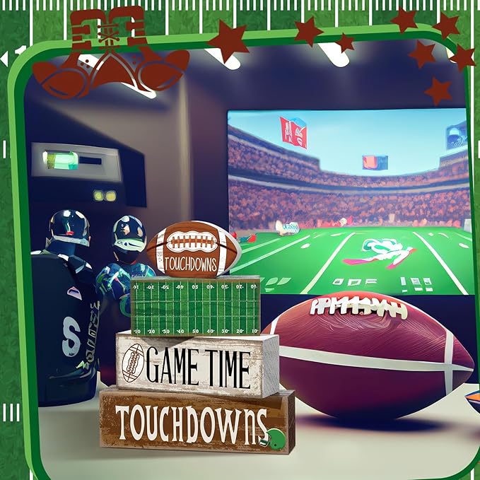 4 Pcs Football Table Decorations Spring Football Tiered Tray Decor Spring Wooden Sign Soccer Centerpiece Decorative Faux Book Stack Block for Coffee Table Fireplace Mantel Floating Shelf