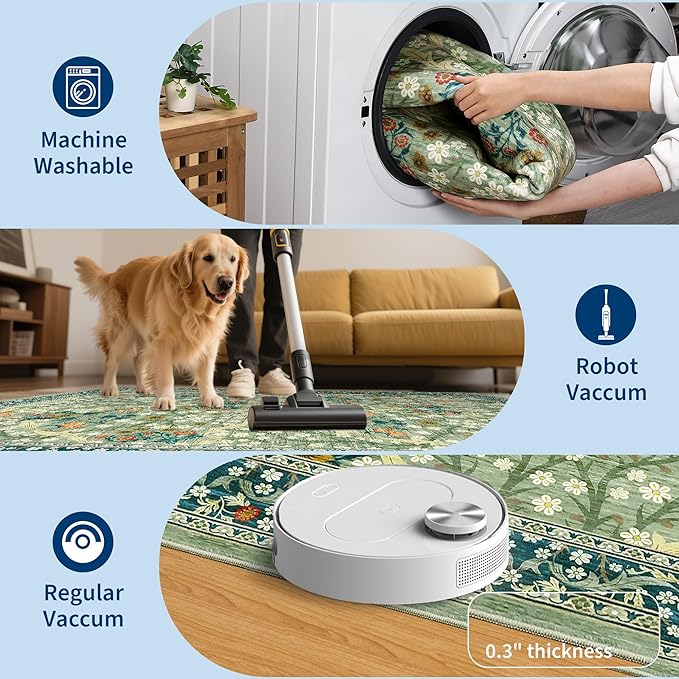 GarveeHome 4x6 Washable Area Rug for Living Room, Floral Large Entryway Kitchen Rug Non Slip, Ultra Soft Stain Resistance Carpet for Bedroom Laundry Room, Sage Green