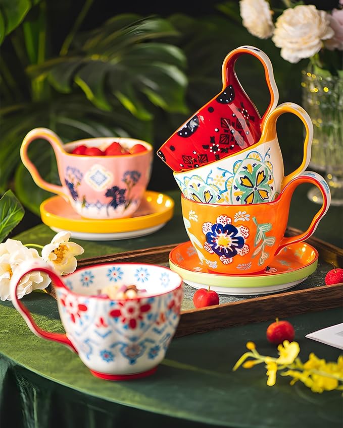 25oz Ceramic Soup Bowl with Handle – Handcrafted Floral Pottery Cereal & Ramen Bowl – Large Microwave & Dishwasher Safe Decorative Bowl for Everyday Use or Gift (Crimson Frost, 20oz)