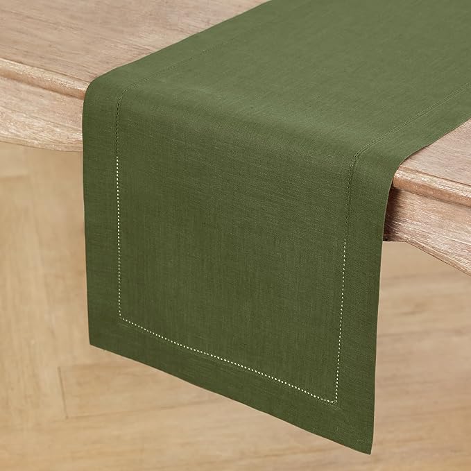 Solino Home Linen Olive Table Runner 90 Inches Long - 100% Pure Linen 14 x 90 Inch Table Runner for St Patricks Day - Classic Hemstitch