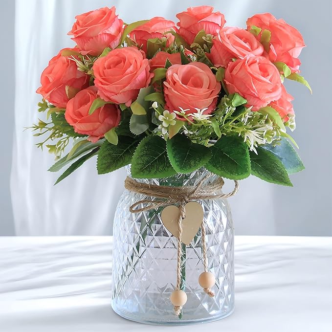 Fake Flowers in Vase,Fake Flowers with Vase 18 Pcs Faux Rose Flowers,Artificial Flowers for Home Decor, Indoor Centerpiece for Living Room & Dining Table (Pink)