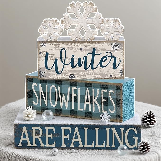 6 Pcs Winter Snowflakes Table Decorations Christmas Snowflake Centerpieces for Tables Winter Tiered Tray Decor Rustic Wood Snow Sign Farmhouse for Wonderland Party Kitchen Shelf Home