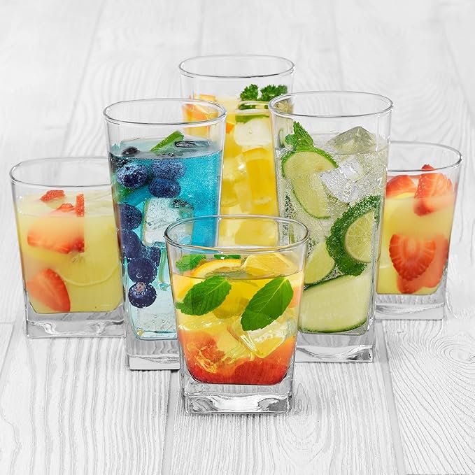 Libbey City Tumbler and Rocks Glass Set, Elegant Drinkware Glasses Set, Tall Drinking Glasses with Modern Lines, Dishwasher Safe Drinking Glasses Set of 16