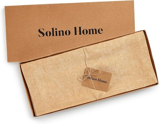 Solino Home Linen Small Table Runner 60 Inches - Athena, 100% Pure Linen Golden Nugget Table Runner 14 x 60 Inch Ideal for Dresser and Coffee Tables, Spring, Easter