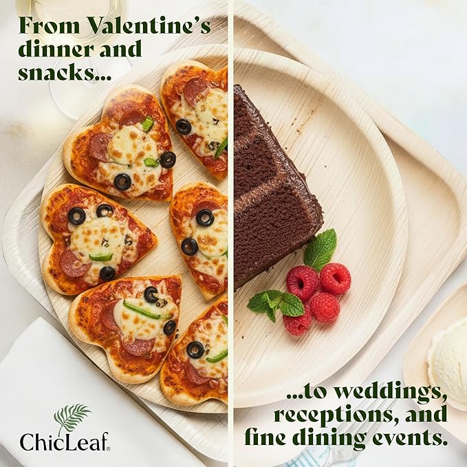 Chic Leaf 7 Inch Palm Leaf Plates - Heavy Duty Disposable Party Tableware - Bamboo Style Round Saucers for Wedding Appetizers, Winter Events & Upscale Look for Valentine’s Meal (50 Pack)