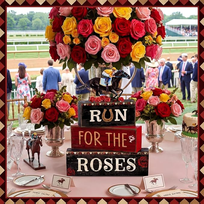 4 Pcs Derby Day Party Decorations Horse Centerpieces for Tables Run for The Roses Table Signs Horsing Racing Wooden Decorations for Derby Shelf Office Festival Party Supplies