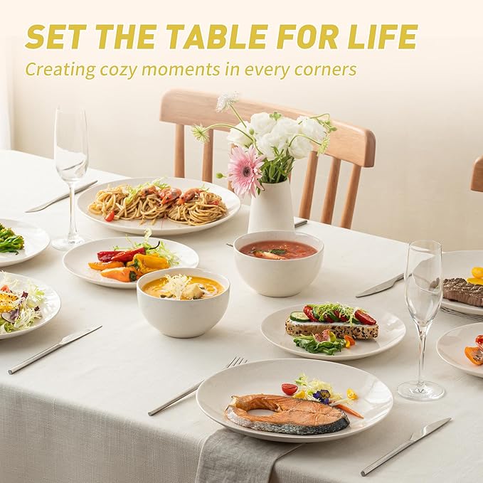 Plates and Bowls Sets, 12 Pieces Modern Stoneware Dinnerware Set for 4 Kitchen Dinner Set Ceramic Dishware Dishes Set Microwave and Dishwasher Safe (White)